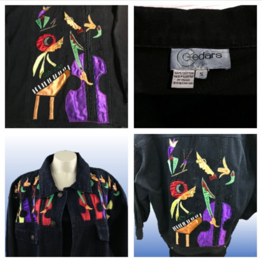 Vintage Cedars 80s Cellos Piano Art Deco Denim Jacket - Picture 1 of 8
